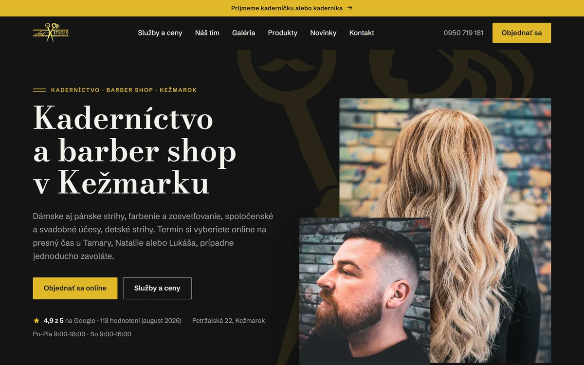 Úvodná obrazovka webu kadernictvoartstudio.sk – kaderníctvo a barber shop v Kežmarku