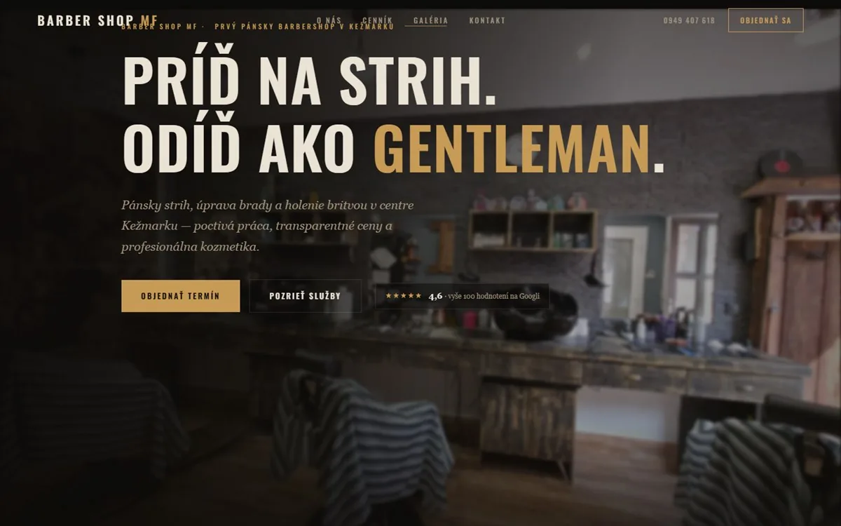 Úvodná obrazovka webu barbershopmf.sk – Príď na strih, odíď ako gentleman
