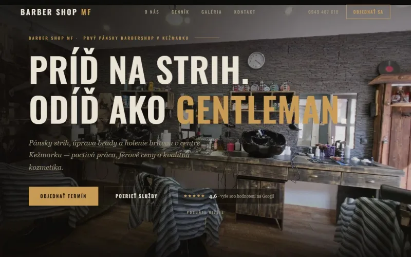 Web Barber Shop MF – ukážka úvodnej obrazovky