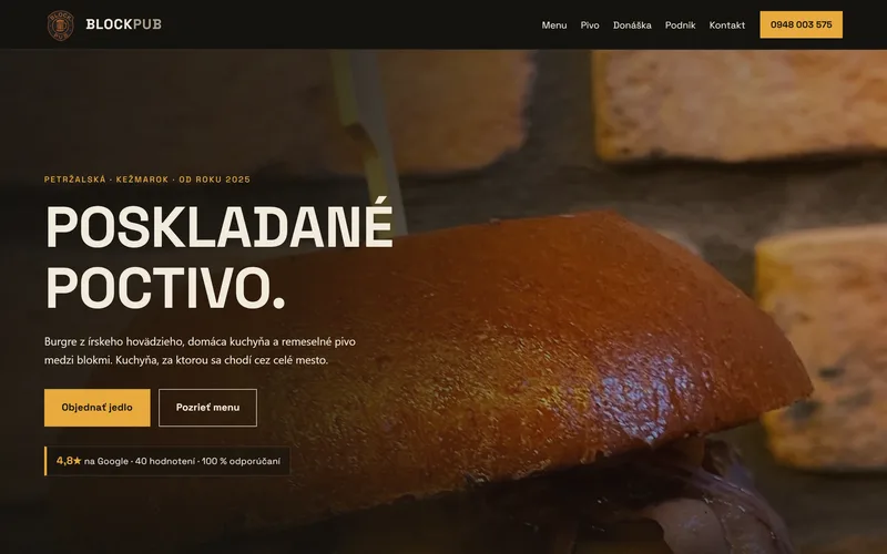 Web blockpub.sk – burger pub v Kežmarku s menu, ponukou z výčapu a donáškou