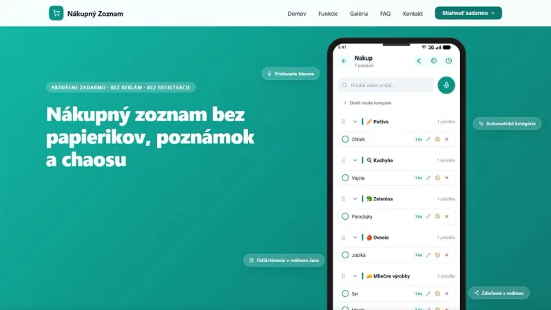 Web Nákupný Zoznam – ukážka úvodnej obrazovky