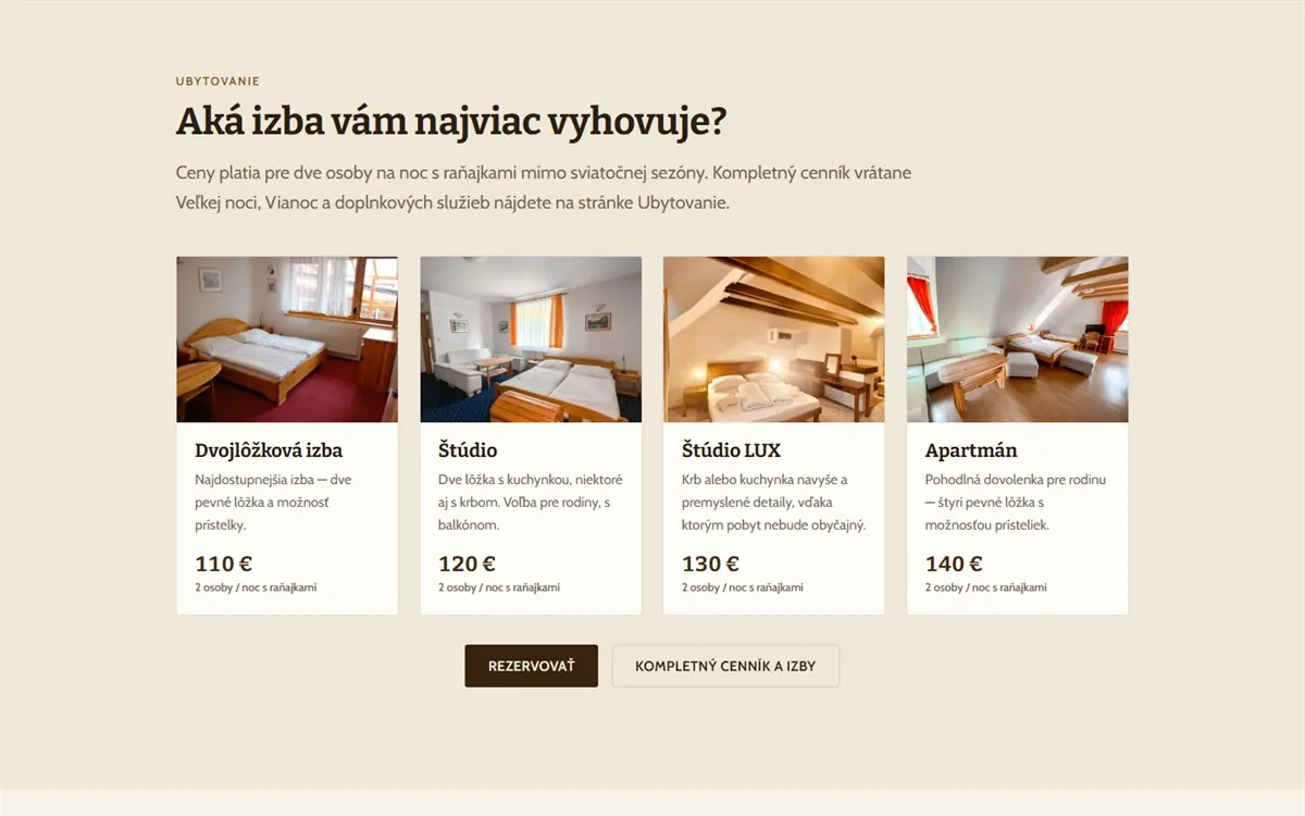Prehľad typov izieb s cenami a fotogalériou na webe tatrysimi.sk